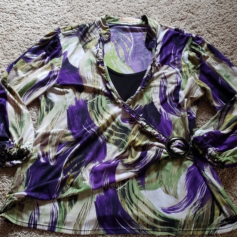Notation faux wrap business work top shirt L